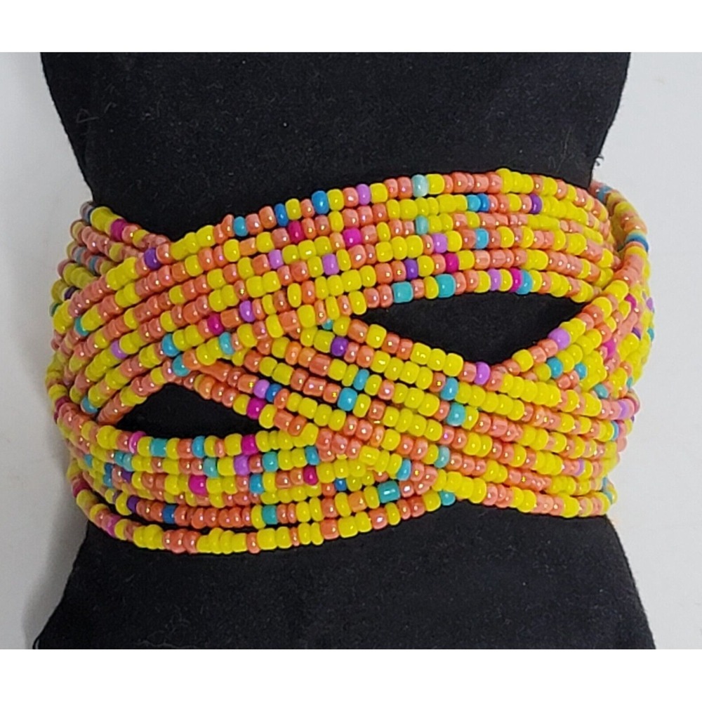 Wide Seed Bead Wrap‎ Bracelet Open Cuff Yellow Cultural Southwestern